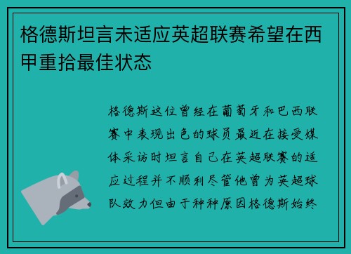 格德斯坦言未适应英超联赛希望在西甲重拾最佳状态