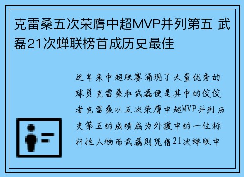 克雷桑五次荣膺中超MVP并列第五 武磊21次蝉联榜首成历史最佳